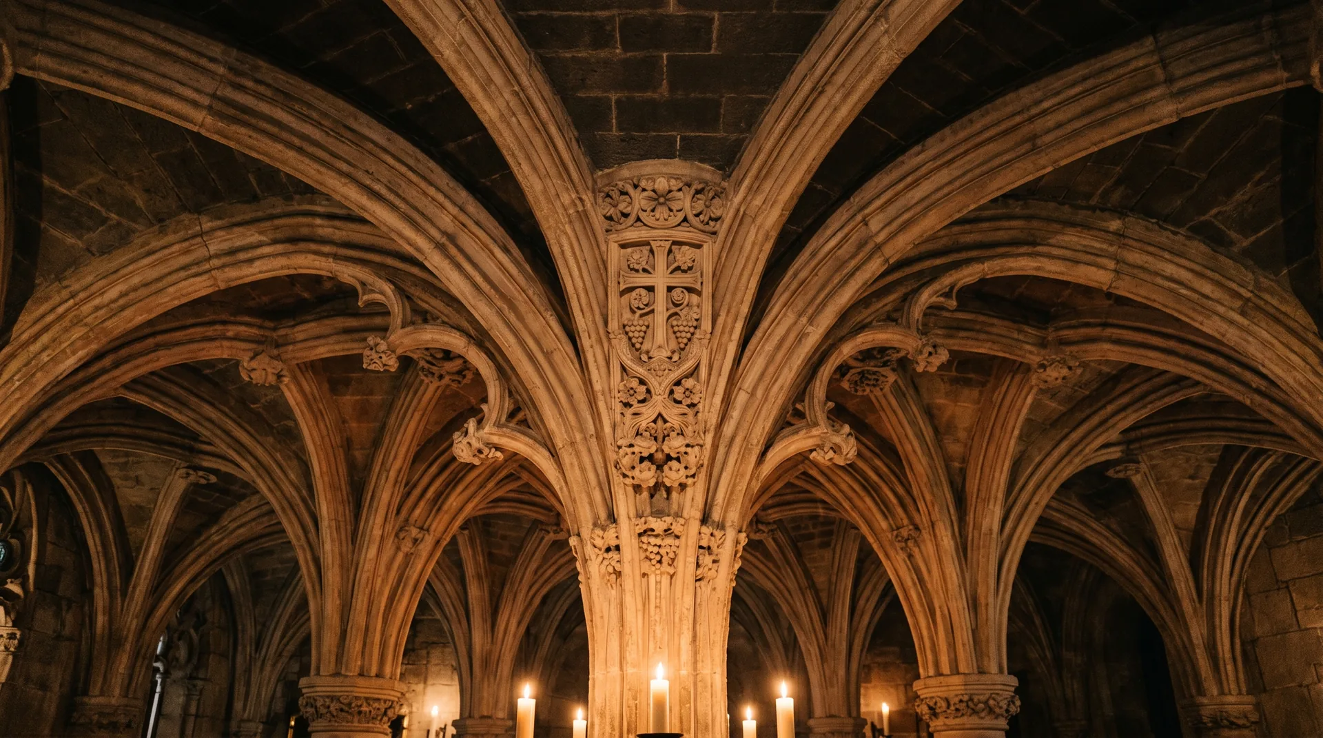 Gothic vaulted ceiling and stone column capitals in the Sagrada Família crypt