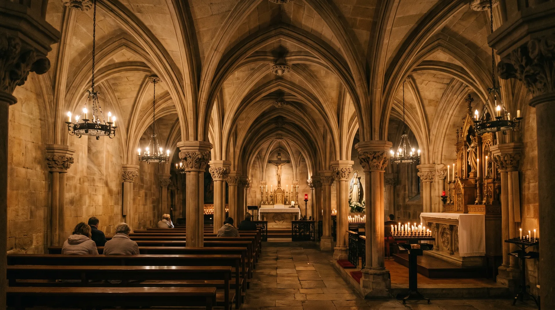 The dimly lit neo-Gothic interior of the Sagrada Família crypt with stone columns and vaulted ceiling