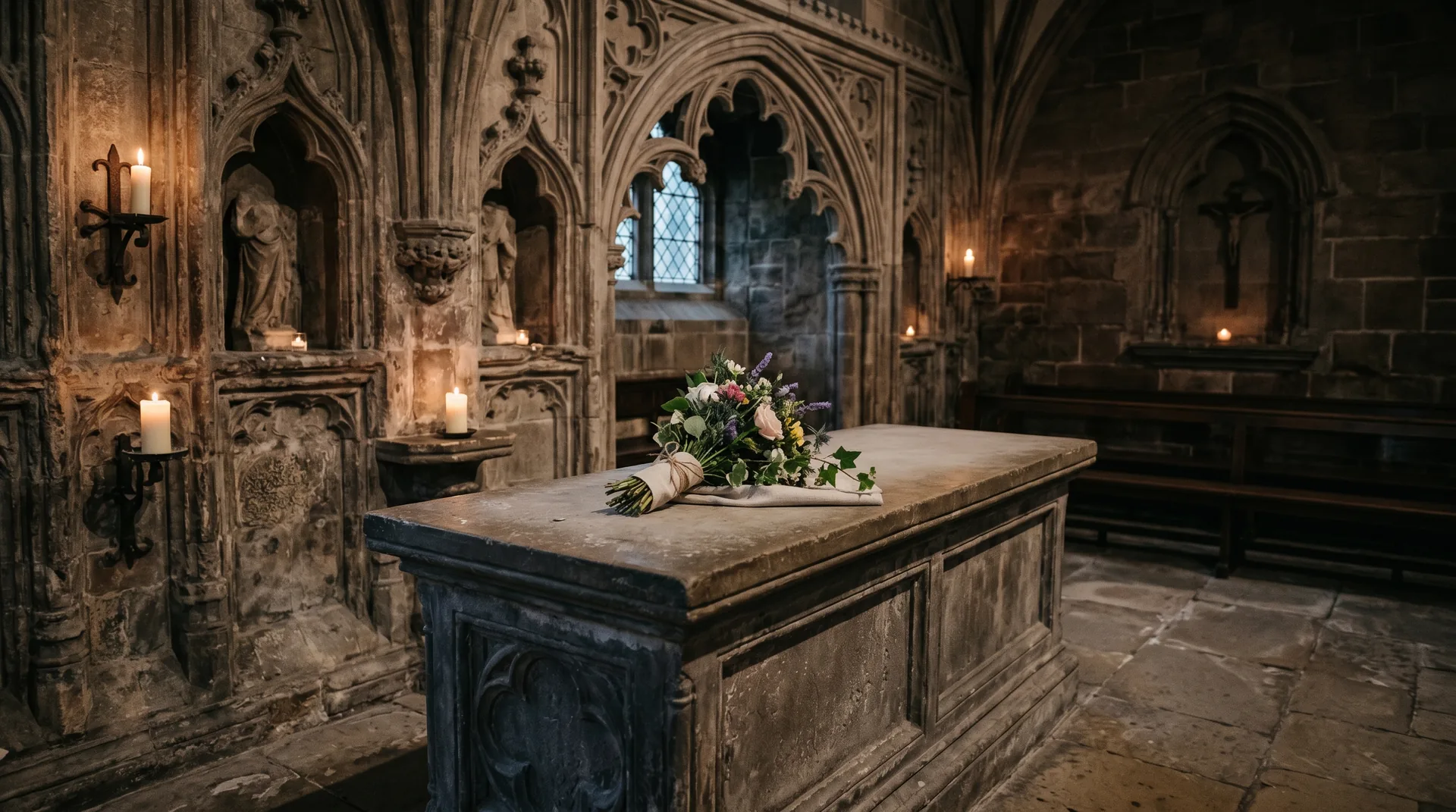 Gaudí's simple stone tomb in the Chapel of Our Lady of Mount Carmel in the Sagrada Família crypt