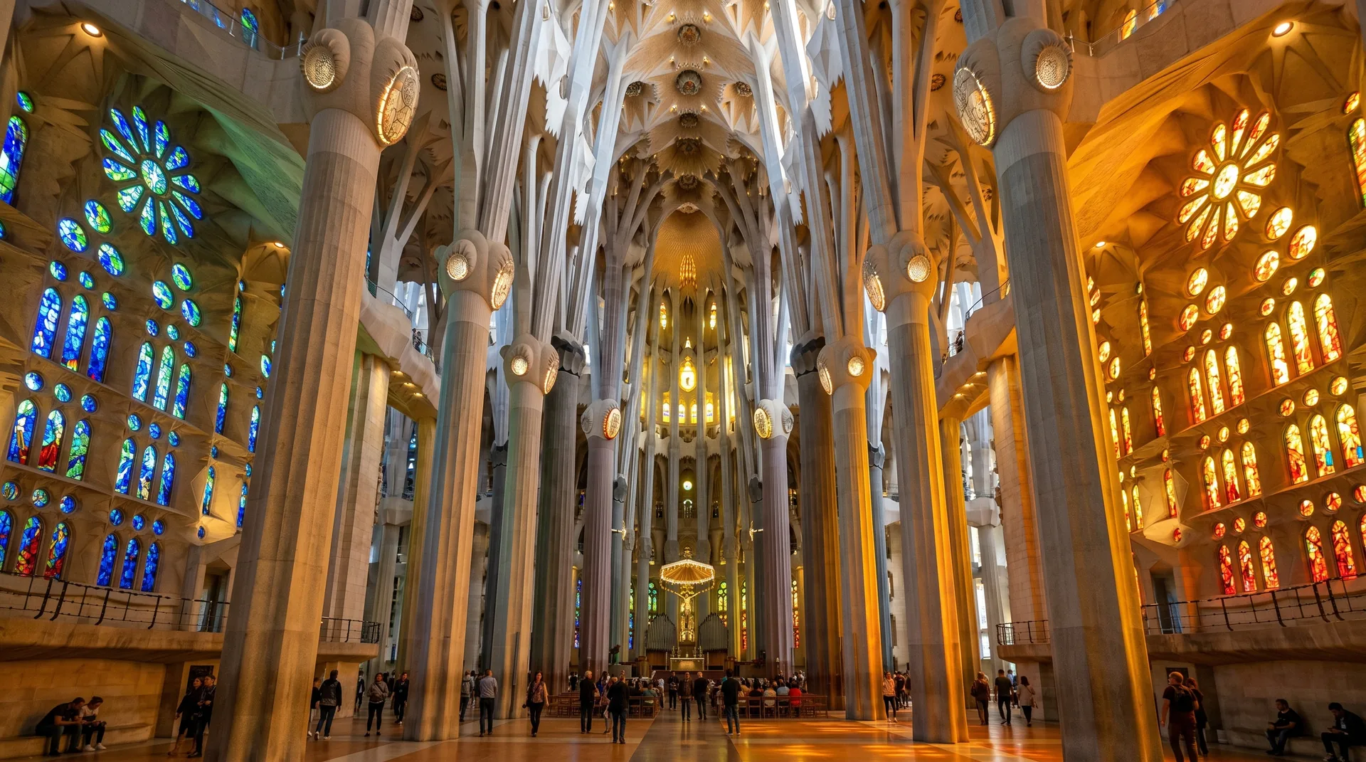 Interior of the Sagrada Família — tree-like columns and stained glass