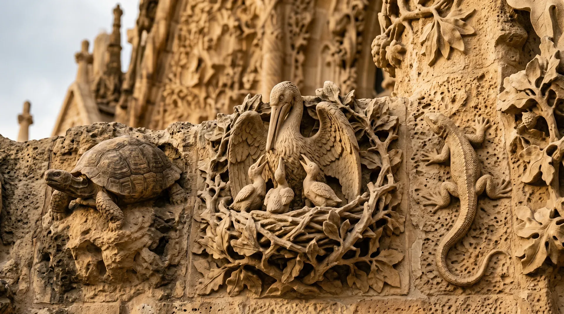 Intricate animal and plant sculptures on the Sagrada Família Nativity facade with symbolic meaning