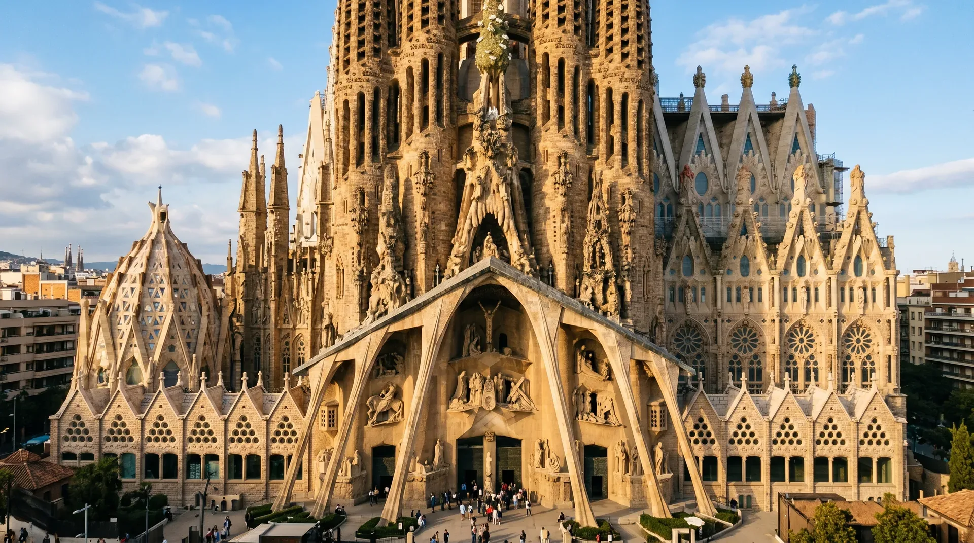 Close-up of the detailed sculptural programme on the Sagrada Família Nativity facade