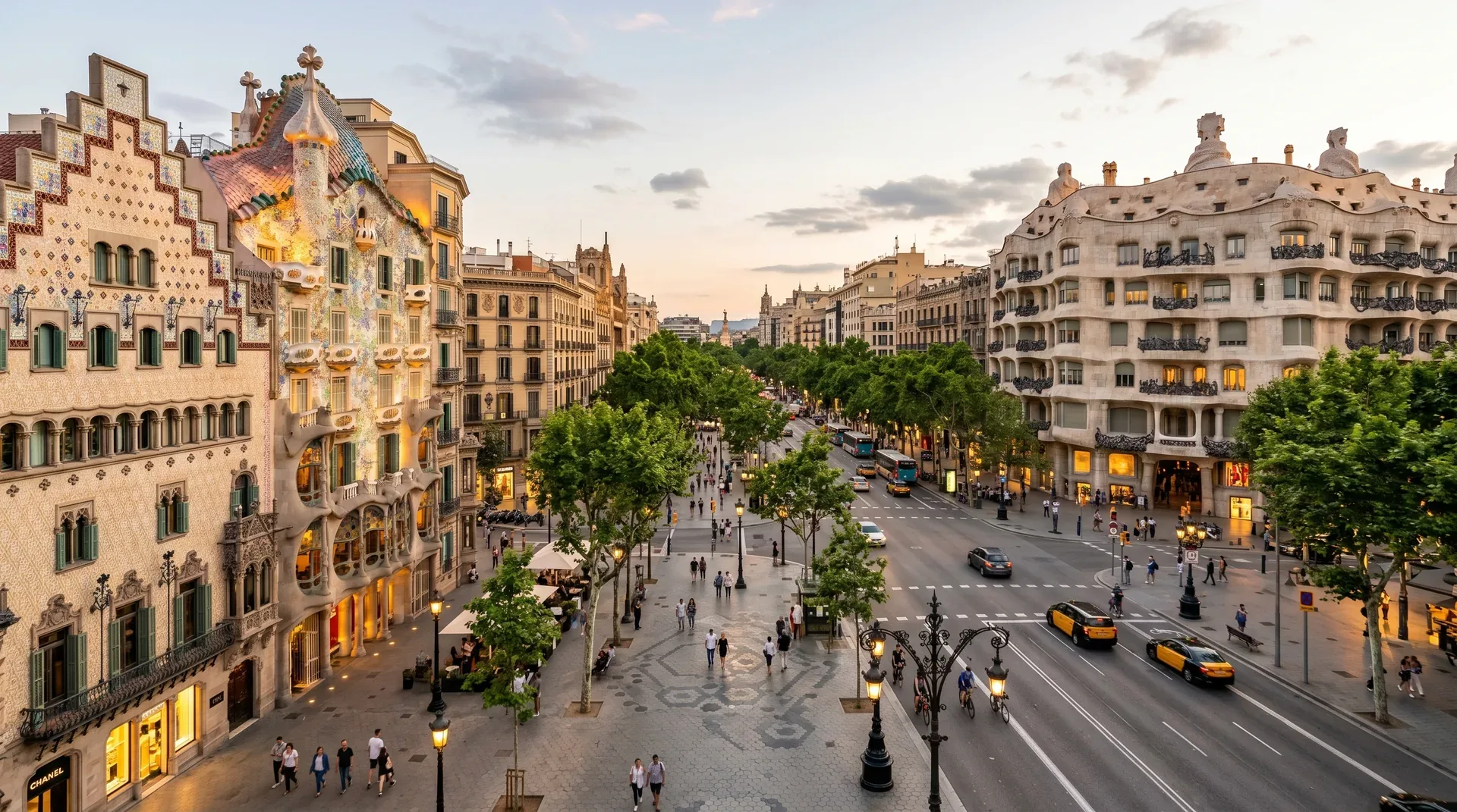 Passeig de Gràcia in Barcelona lined with Catalan Modernisme buildings including Casa Batlló and Casa Milà