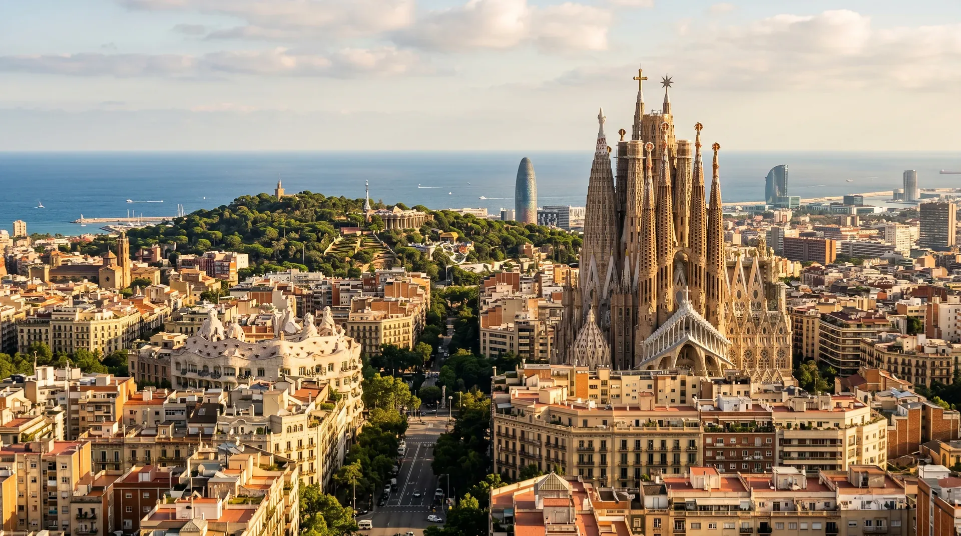 Collage view of Gaudí's Barcelona buildings including the Sagrada Família, Casa Batlló, and Park Güell