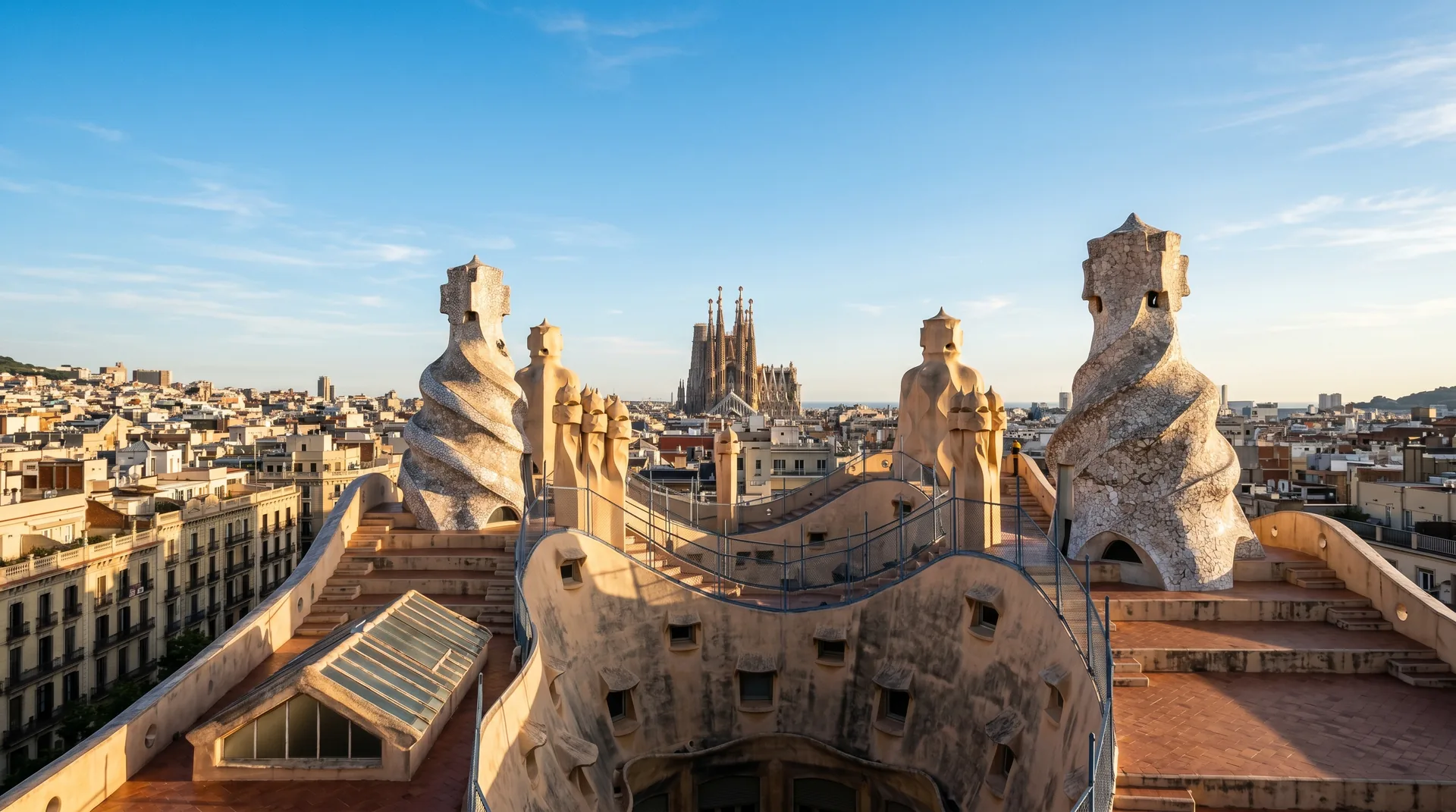 The distinctive organic rooftop chimneys of Casa Milà (La Pedrera) with Barcelona behind