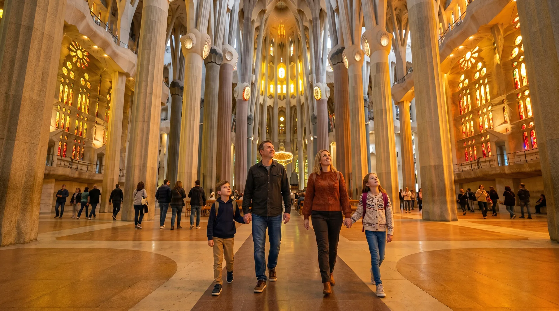 Family walking through the Sagrada Família interior nave with golden light streaming through stained glass