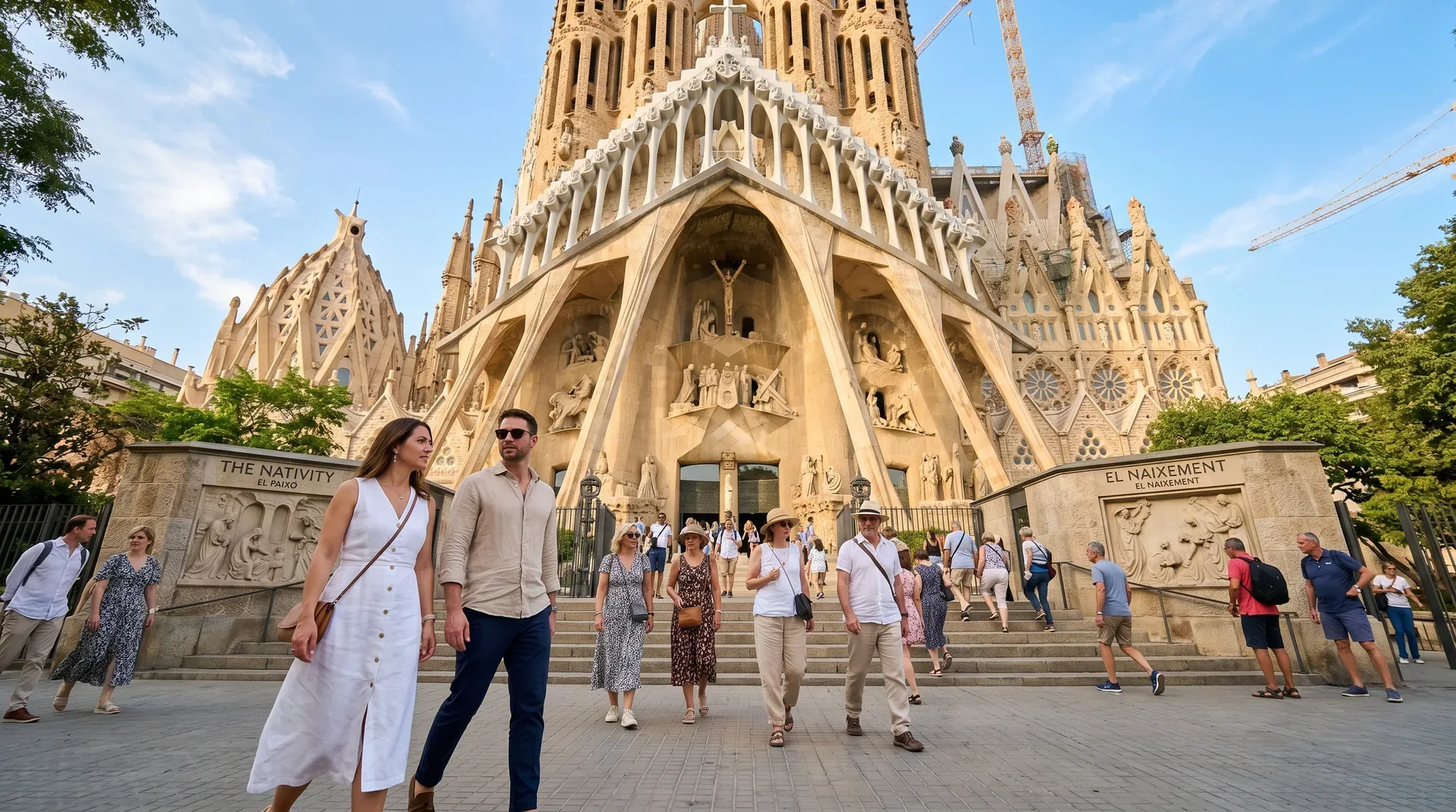 Visitors in smart casual attire entering the Sagrada Família