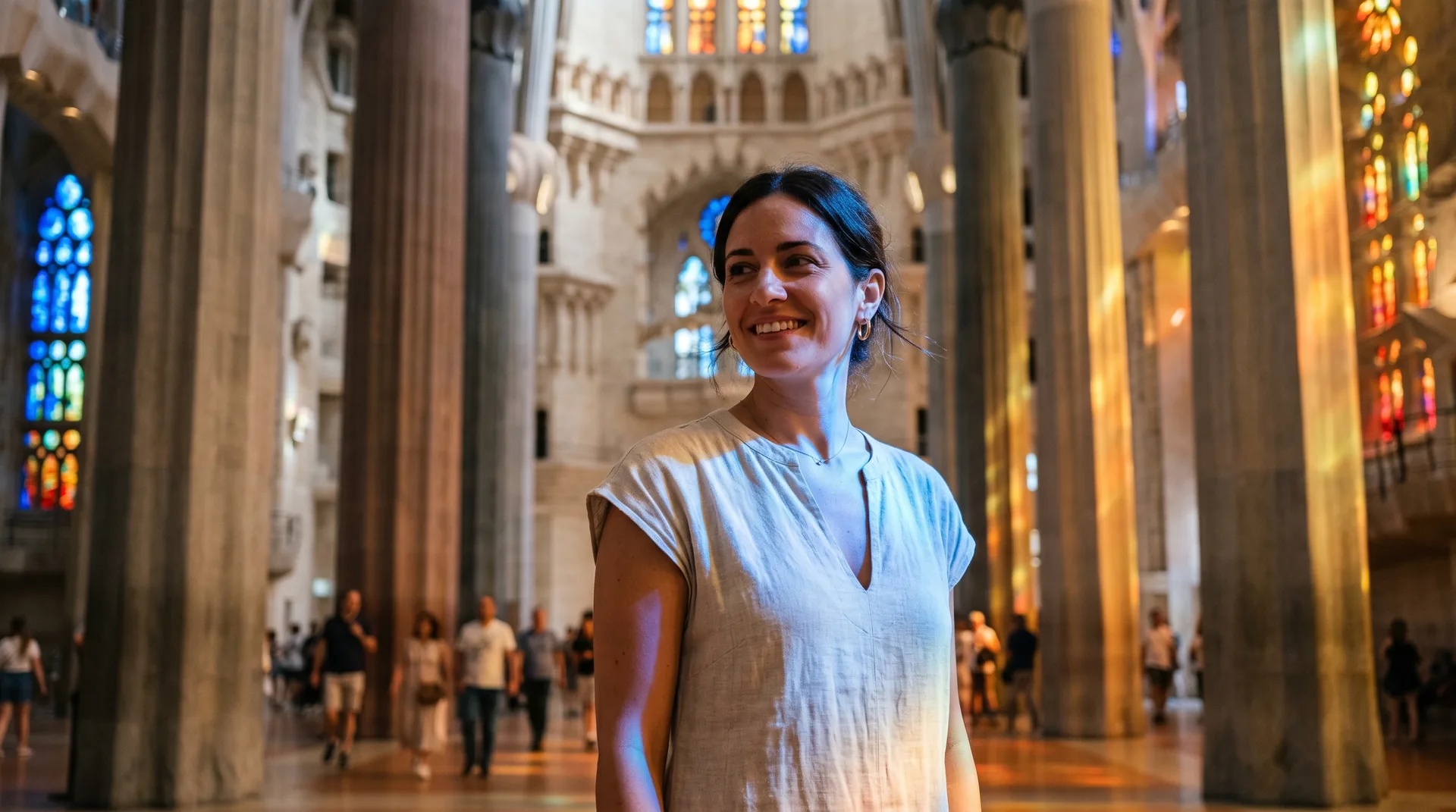 Woman in light summer dress inside the Sagrada Família nave with colourful stained glass