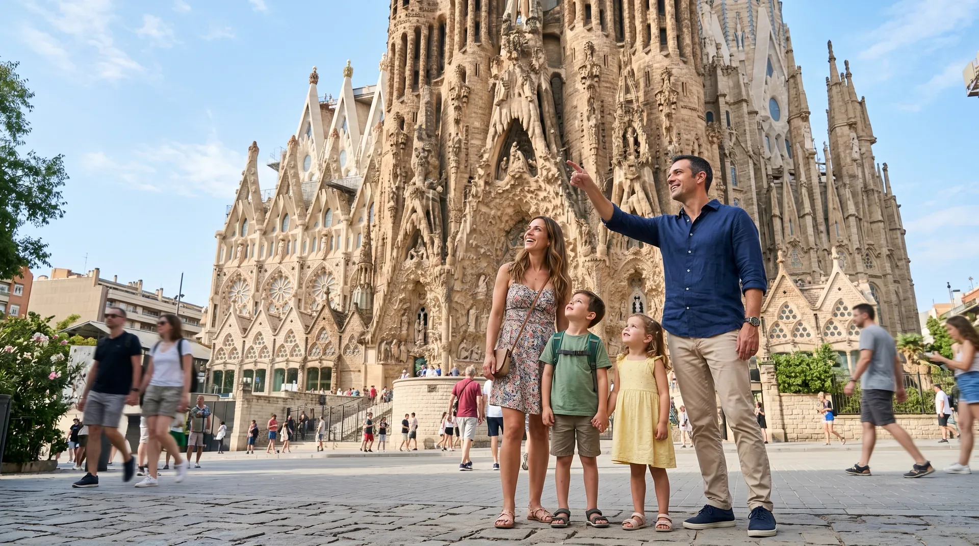 Family with children exploring the Sagrada Família exterior facades