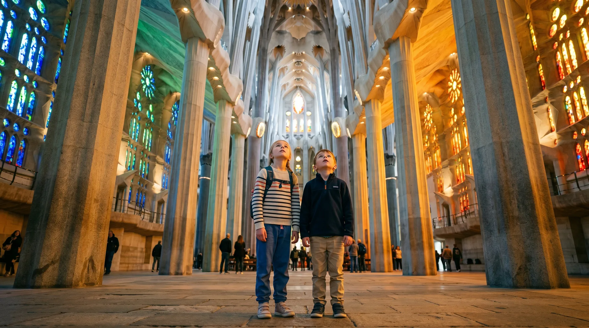 Children looking up at the Sagrada Família interior columns and stained glass